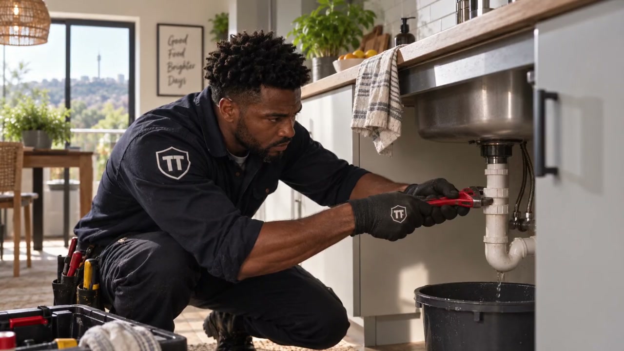 A Trusted Trades plumber at work under a kitchen sink