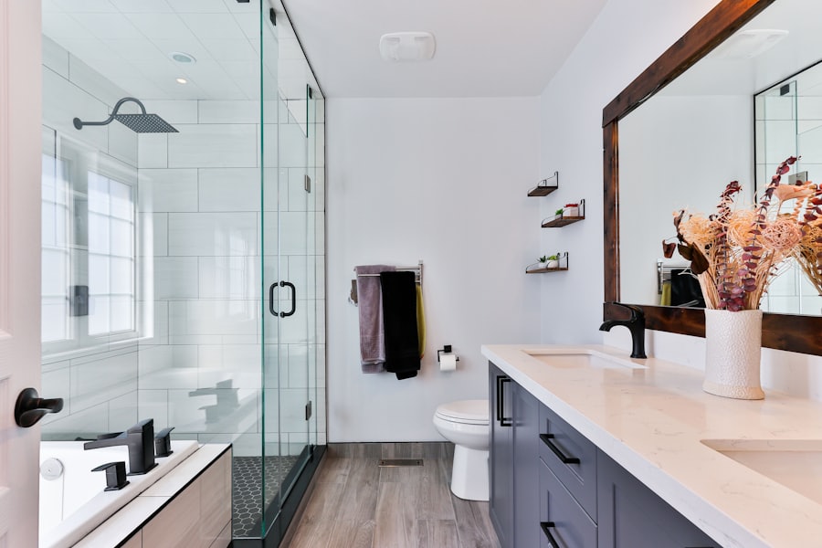 A bathroom shower and basin